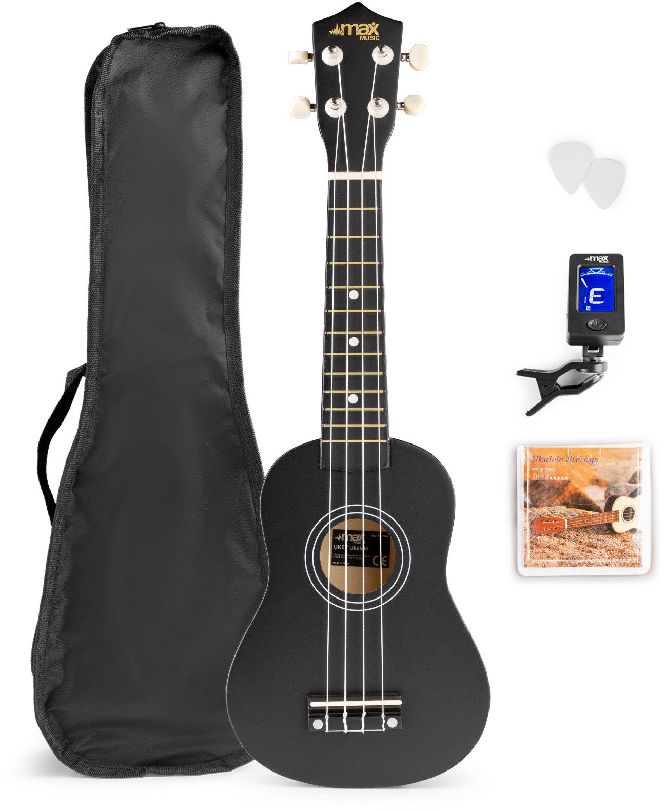 Zestaw: Ukulele sopranowe Max UKEY czarne+ tuner dwie kostki struny pokrowiec one size