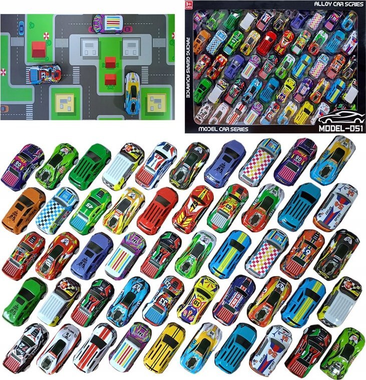 Samochodziki Resoraki Z Napędem Metalowe Auta Dla Dzieci 50 Sztuk + Mapa