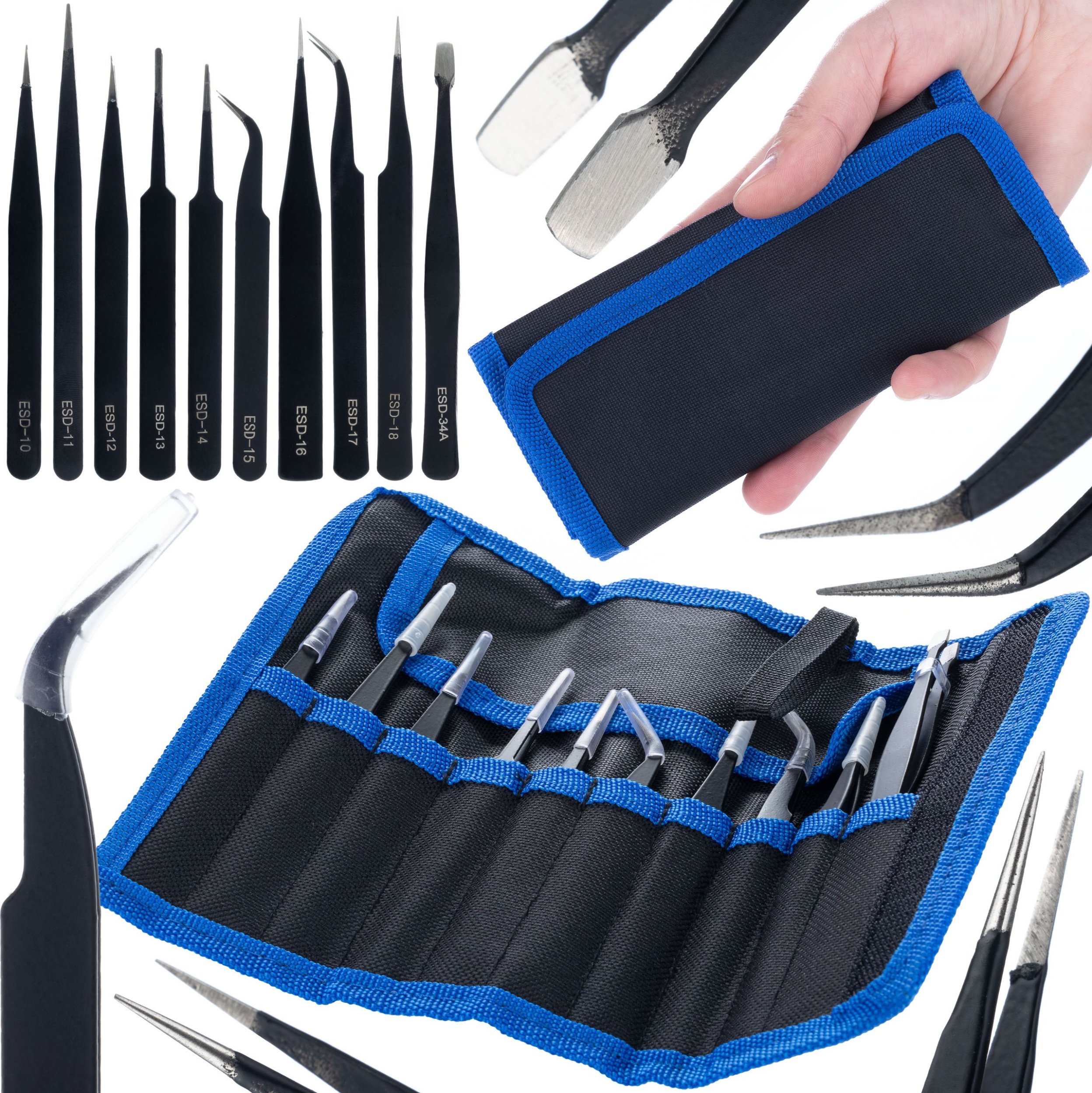 Rosfix ZESTAW 10 PĘSET METALOWYCH PINCET PRECYZYJNYCH PĘSETY ESD ELEKTRONIKA ETUI