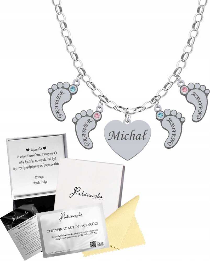 Radziszewska Jewellery Naszyjnik Srebrny Imię SERCE STÓPKI Łańcuszek Prezent Dzień Mamy GRAWER