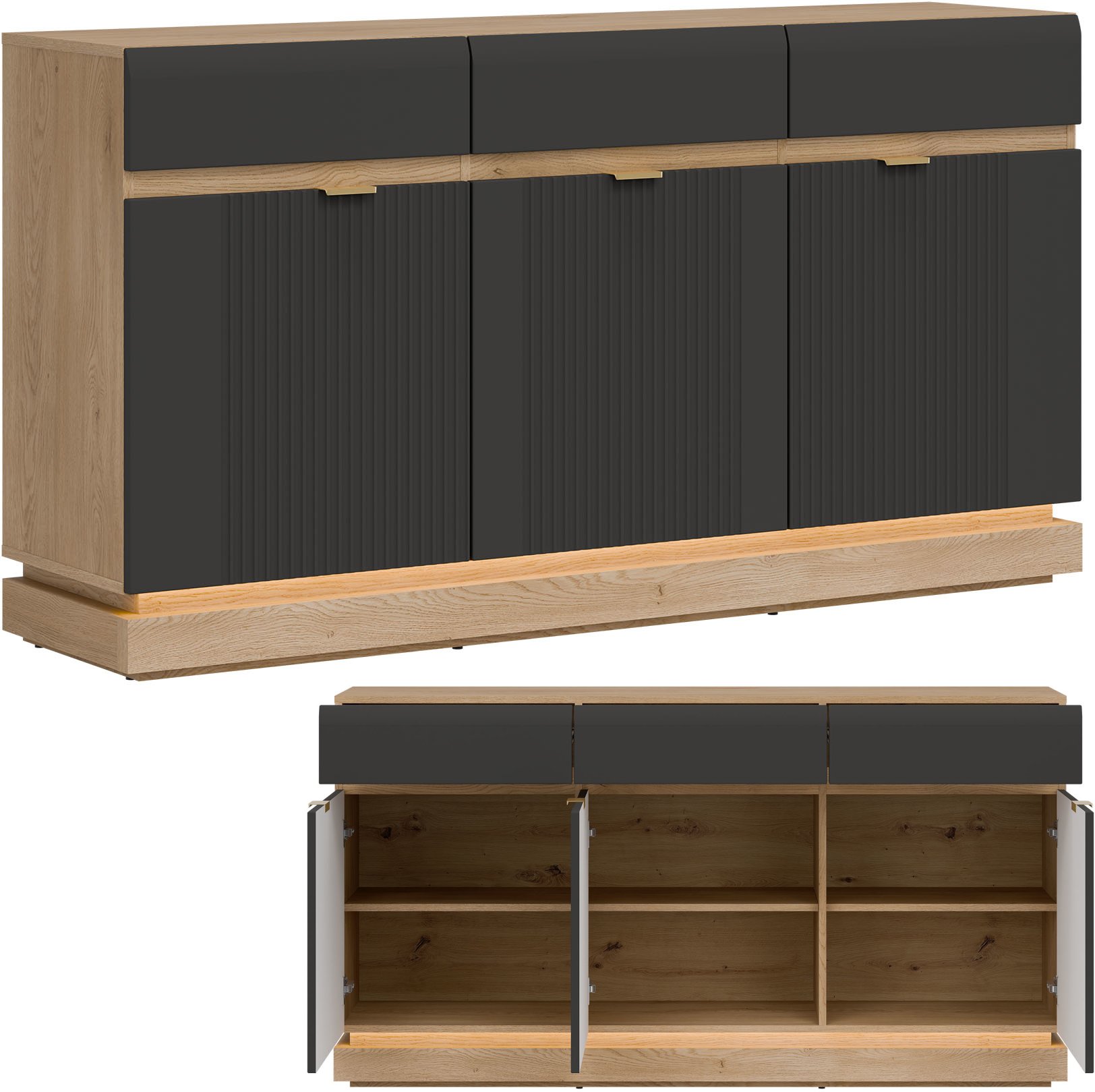 Komoda trzydrzwiowa z szufladami do salonu Dąb Cremona Antracyt MILTON ML03