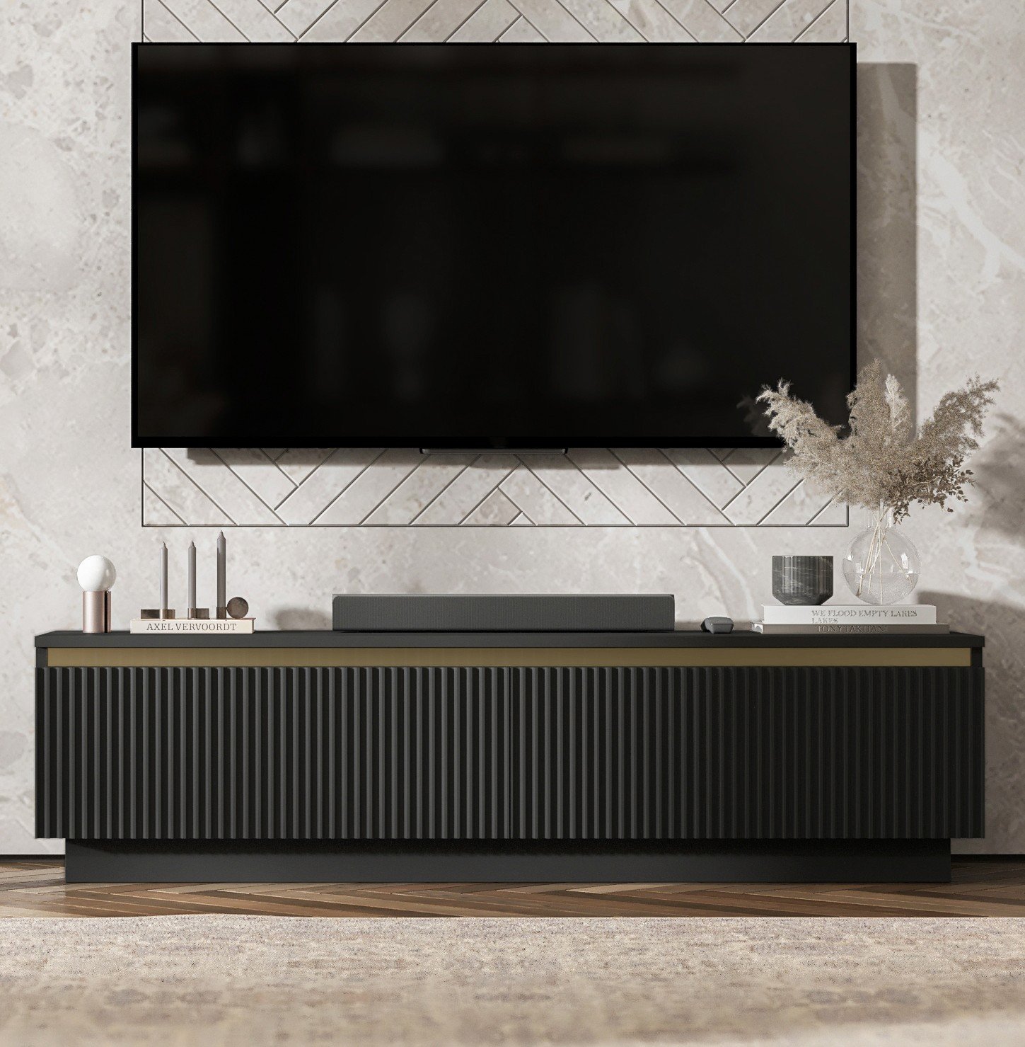 Uniwersalna Szafka RTV Nowoczesna Komoda RTV Glamour Ryflowane fronty Czarny Mat 140 cm