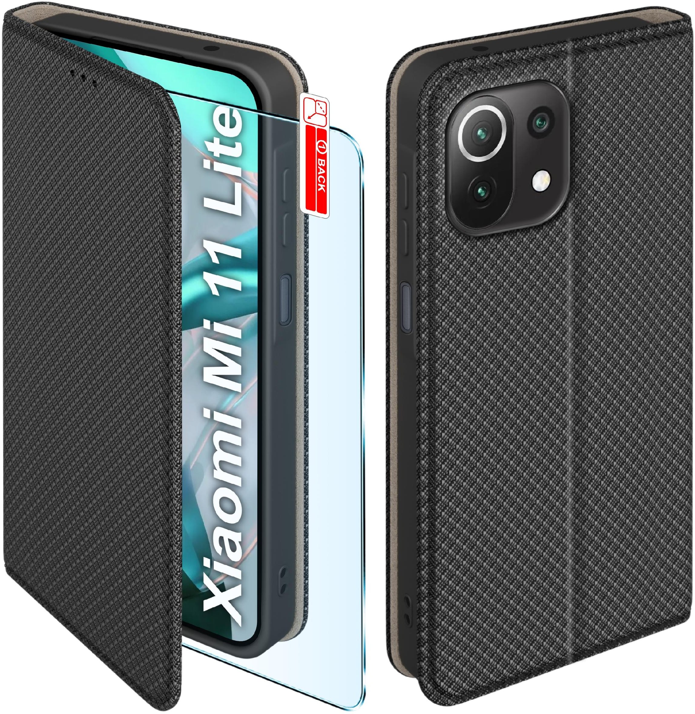 Etui z klapką do Xiaomi Mi 11 Lite 4G| 5G Zamykane Czarne Futerał +Szkło 9H