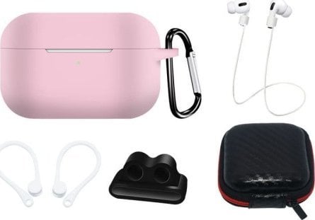Hurtel Zestaw silikonowe etui AirPods Pro 2 / AirPods Pro 1 + futerał / zaczep na ucho / pasek na szyję / uchwyt na pasek zegarka / karabińczyk - różo