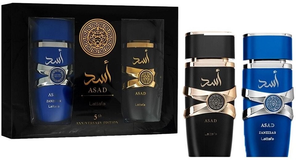Lattafa 5th Anniversary Edition zestaw Asad woda perfumowana spray 100ml + Asad Zanzibar woda perfumowana spray 100ml