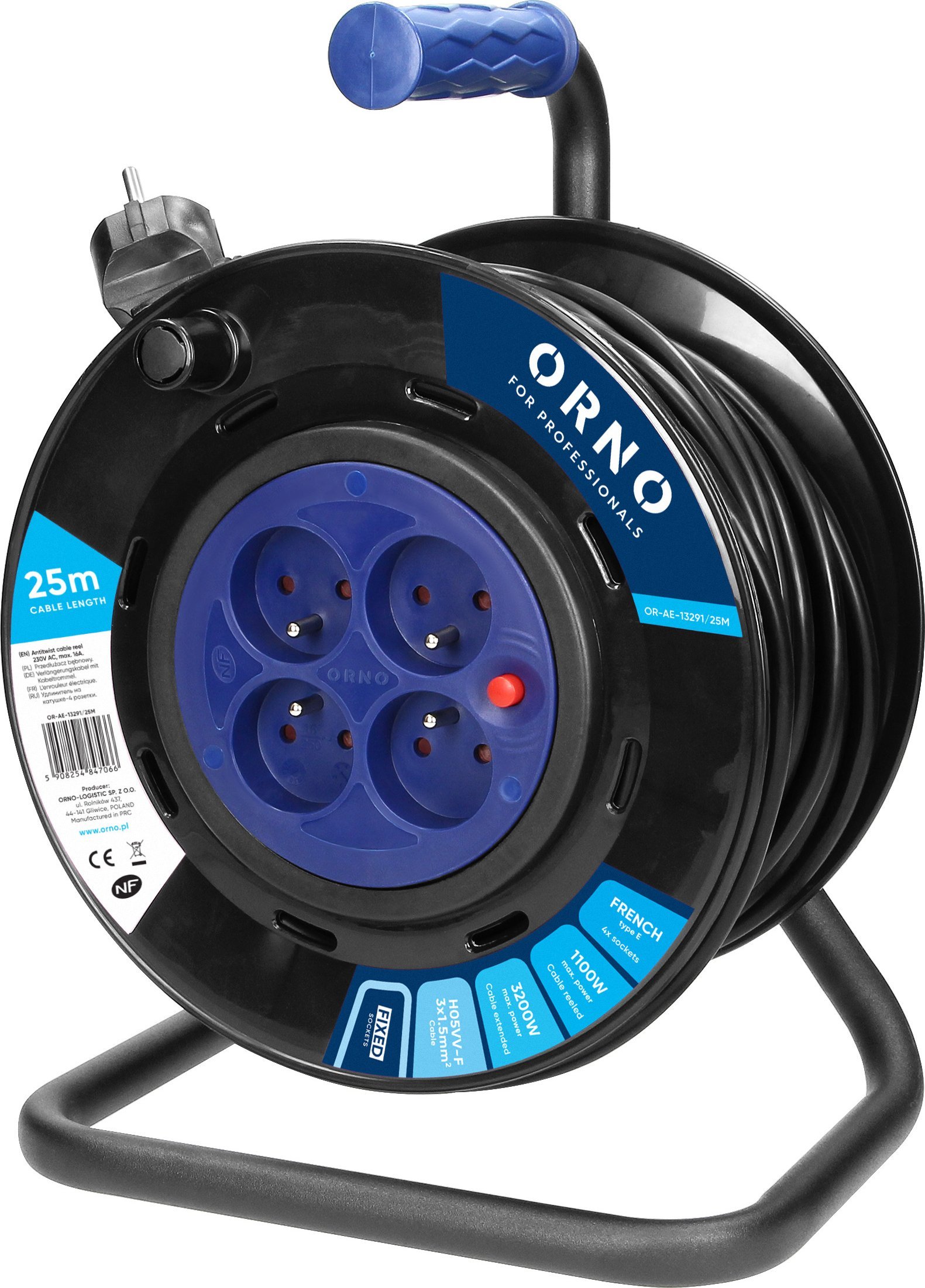 Orno Przedłużacz bębnowy, 4 gniazda 2P+Z, kabel PVC H05VV-F 3x1,5mm?, długość 25m, stałe gniazda, termik, przesłony torów prądowych.