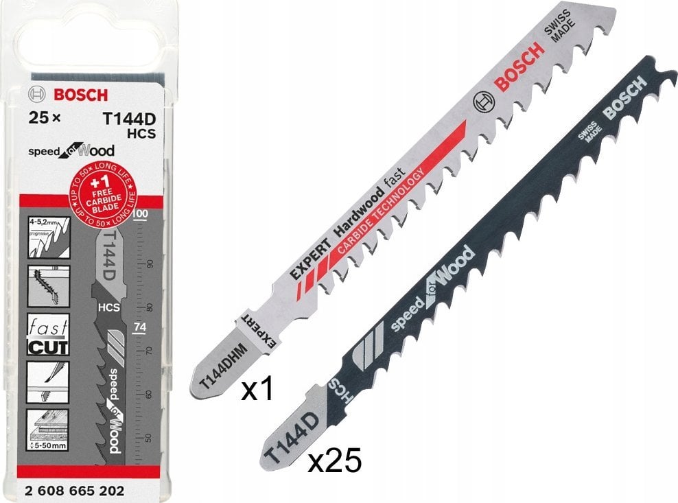 Bosch Professional 25x T 144 D + 1x Expert Hardwood Fast T 144 DHM jigsaw blade (for wood, hardwood, jigsaw accessories)