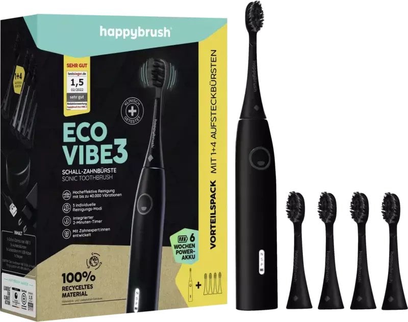 Szczoteczka Happybrush ECO* VIBE 3 Starterkit All Black+ 4 Refills elektryczna