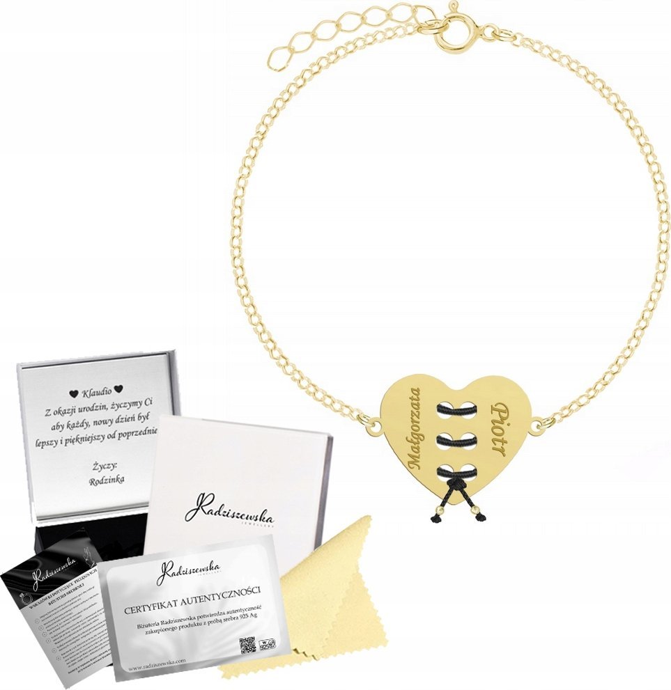 Radziszewska Jewellery Bransoletka Złota Serce Wiązane 925 Prezent Dzień Matki GRAWER DEDYKACJA