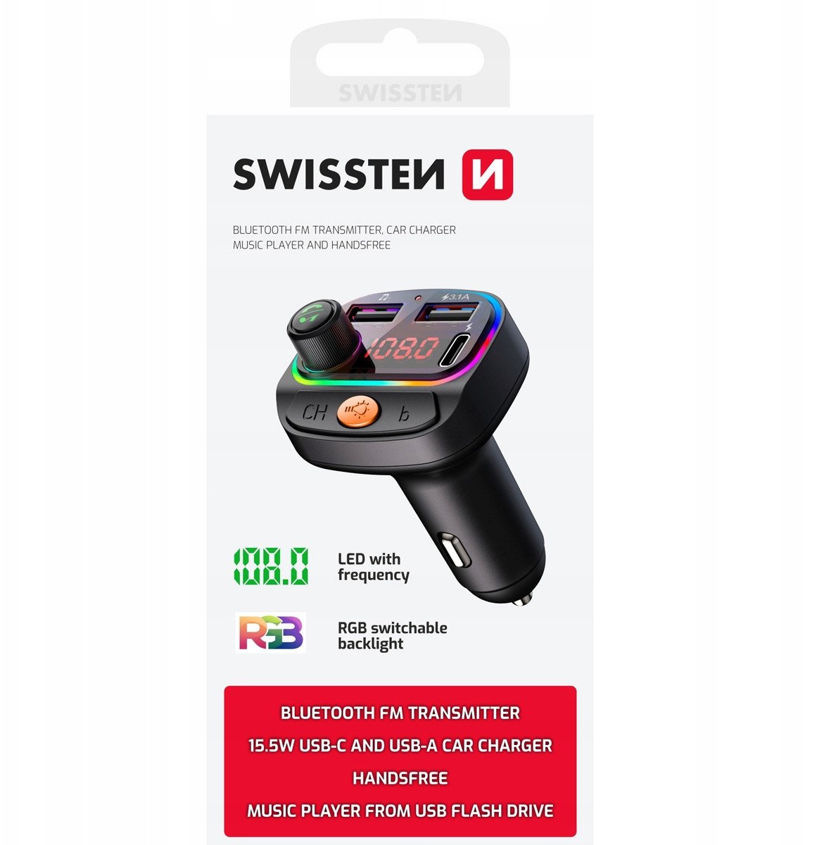 Swissten RGB Bluetooth FM Transmitteris 2x USB / USB-C