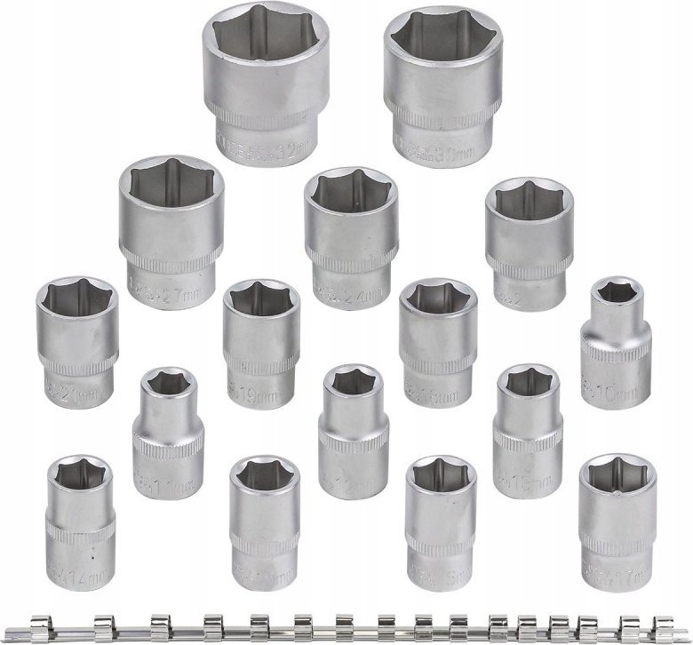 Rockforce Zestaw nasadek 16el. 1/2" (6-kątnych) (10-19,21,22,24,27,30,32mm) na listwie