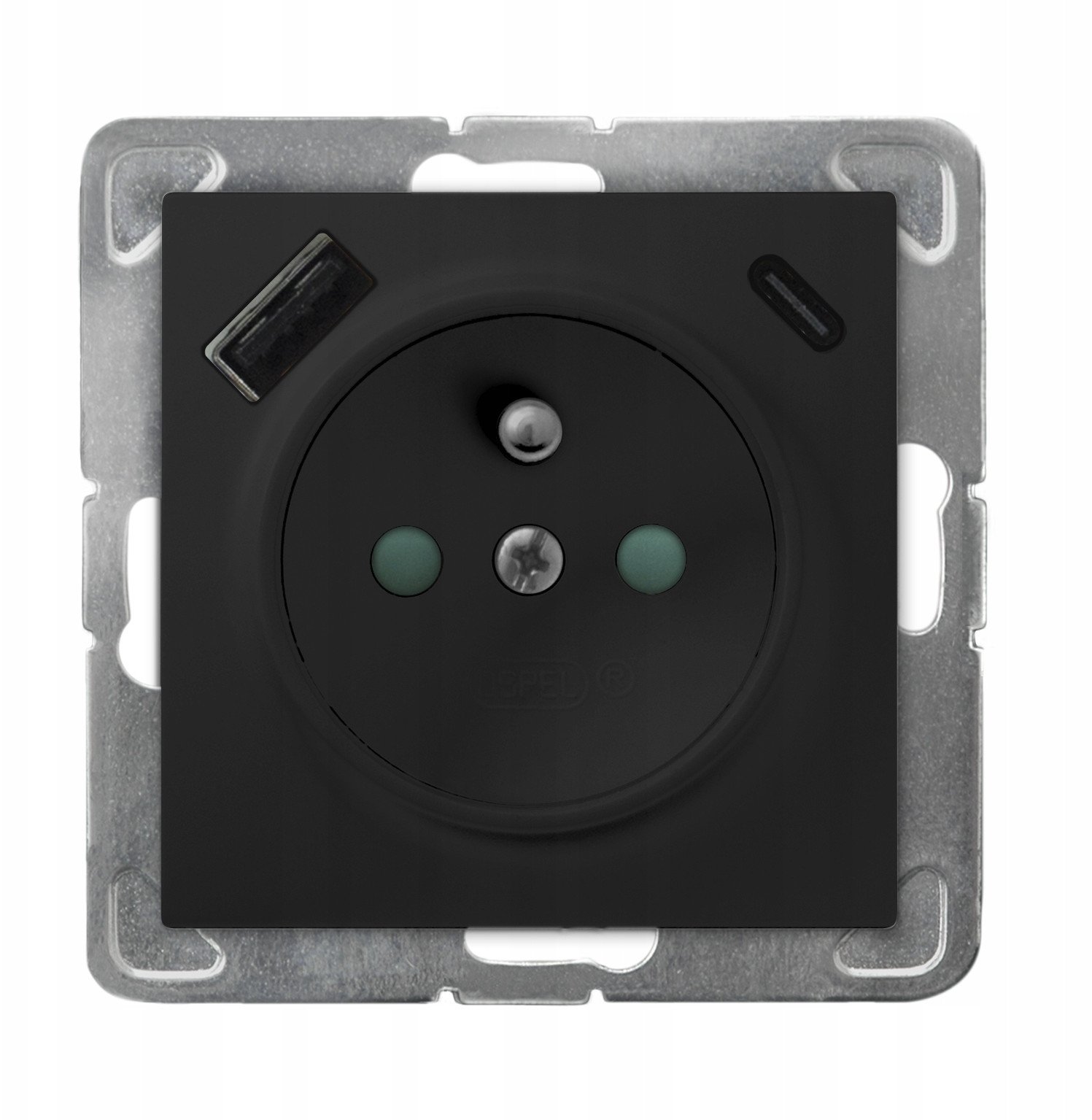 Gniazdo pojedyncze Ospel Impresja GP-1YZPUSBAC/m/33 z uziemieniem z przesłonami torów prądowych z ładowarką USB A+C 250V 16A IP20 czarny metalik