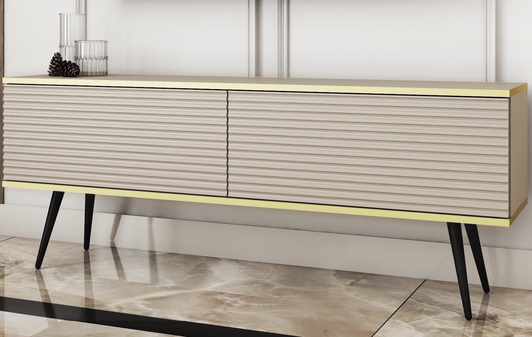 Meble Lindner Szafka RTV Komoda Glamour Beż Piaskowy Nogi czarne metalowe Ryflowane fronty 135 cm
