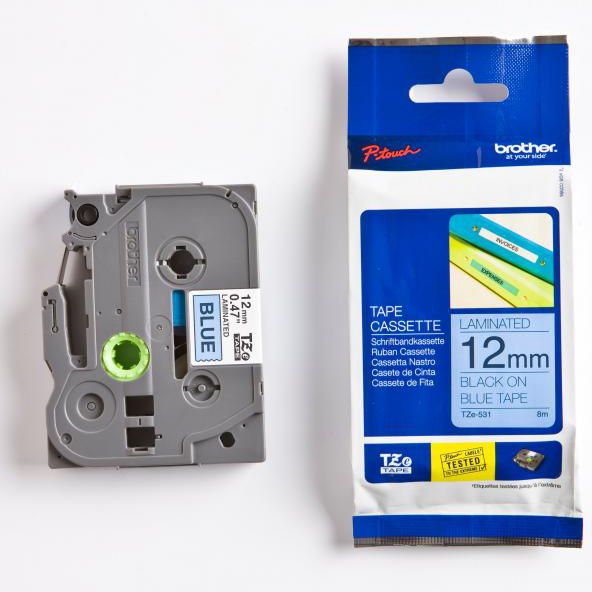 Brother Taśma do drukarek etykiet czarny druk / niebieski podkład laminowane 12mm x 8m (TZE531)