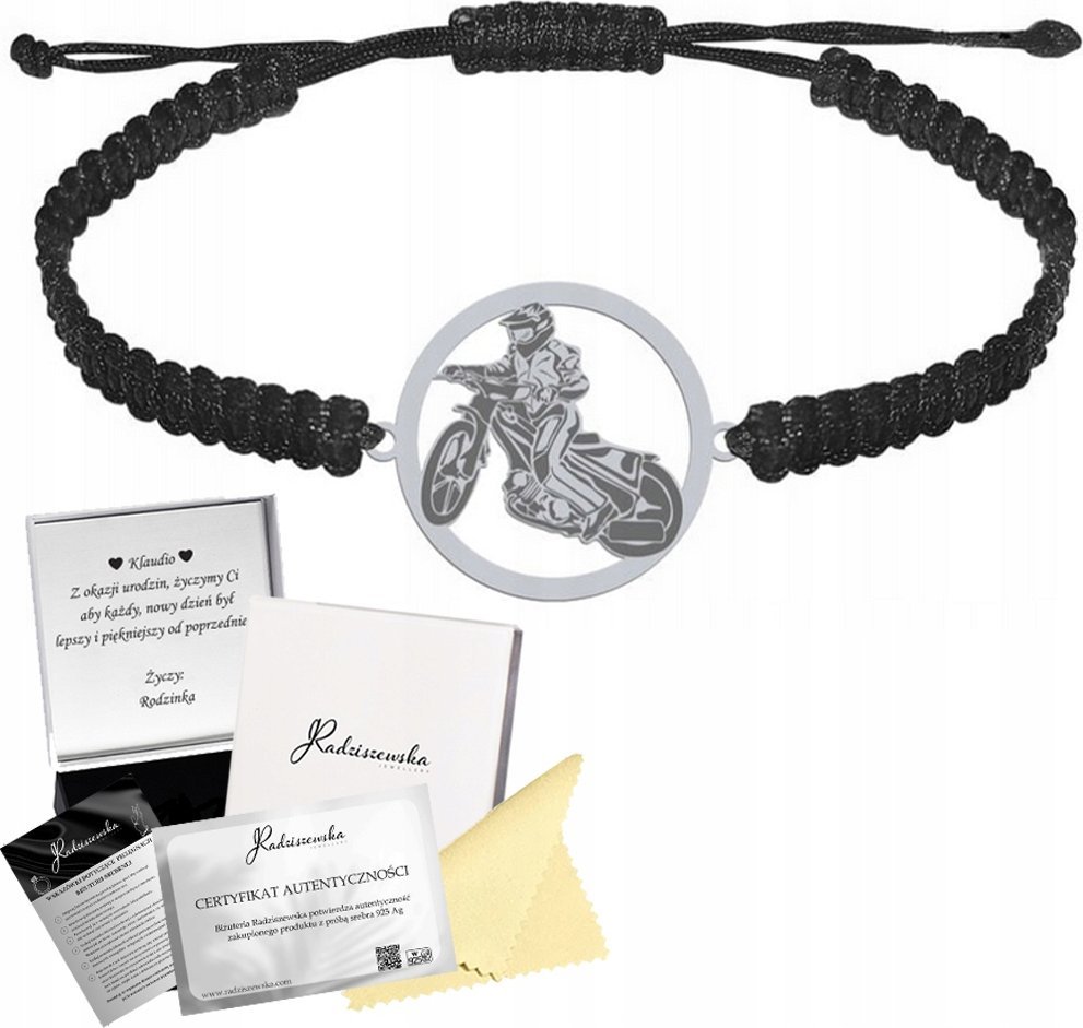 Radziszewska Jewellery Bransoletka Srebrna Speedway Żużel Srebro 925 Grawer Makrama Biżuteria
