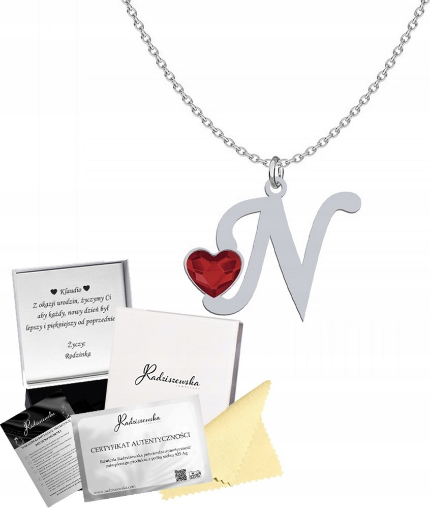 Radziszewska Jewellery NASZYJNIK SREBRNY Z LITERKĄ N SERCE KRYSZTAŁ ŁAŃCUSZEK PREZENT ŻYCZENIA 925