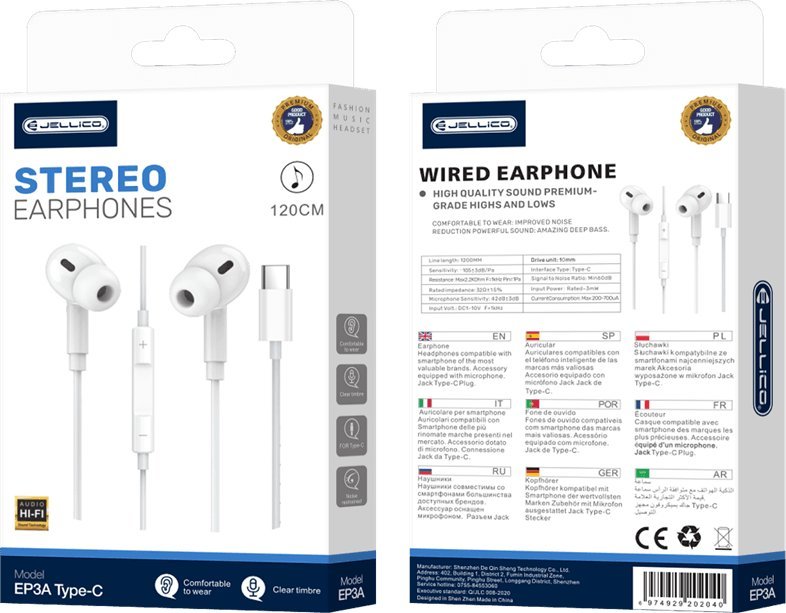 Słuchawki Jellico JELLICO słuchawki przewodowe EP3A USB-C z mikrofonem 1.2M Biały standard