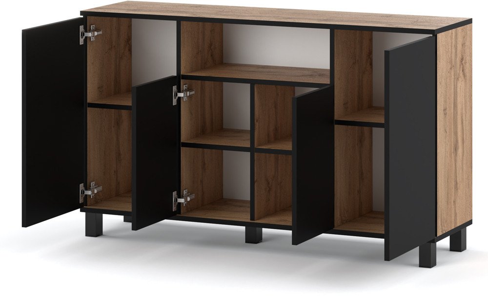 Komoda Loft 140cm Bruno Szafka Rtv Drewniana Do Sypialni Wotan Czarny Mat