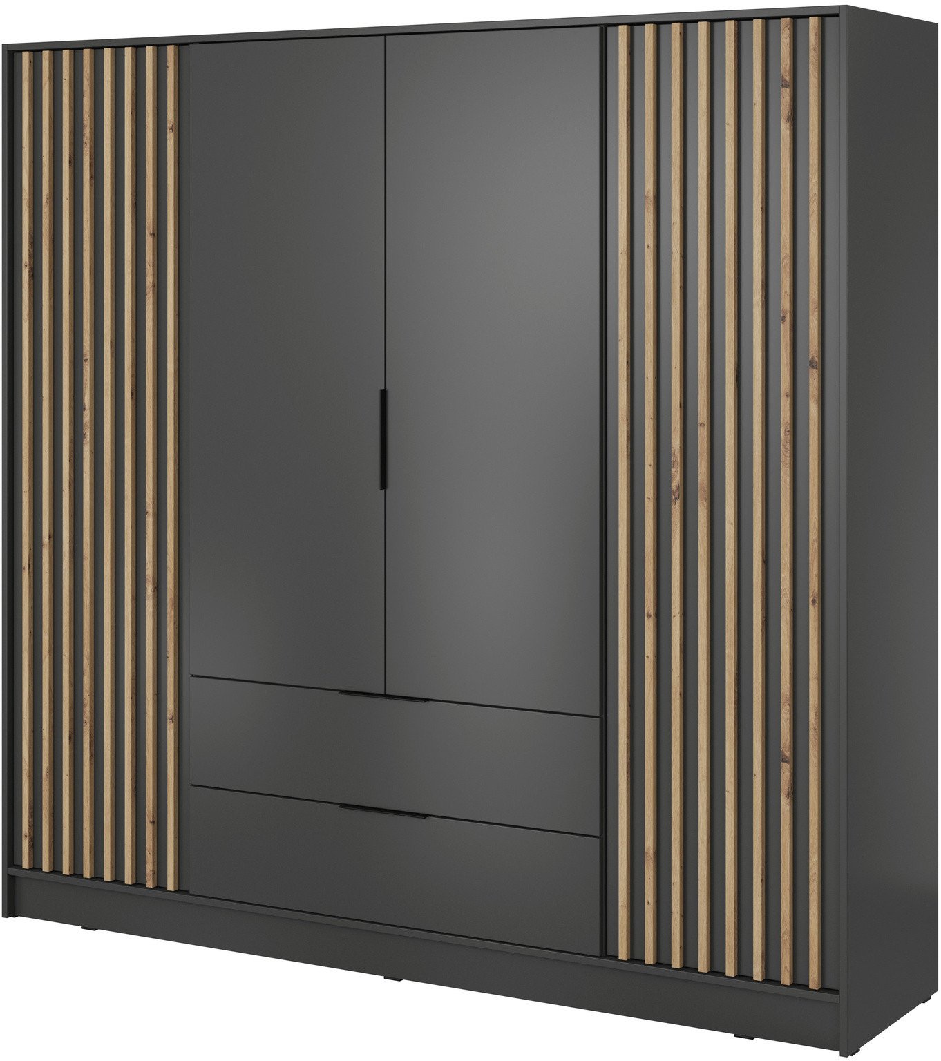 Szafa Stilo w kolorze grafitowym czterodrzwiowa z szufladami i lamelami na froncie