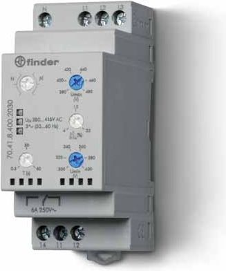 Finder Przekaźnik kontroli napięcia 3-fazowy kontrola N, zaniku faz, rotacji, asymetria 1P 6A 380 - 415V (70.41.8.400.2030)