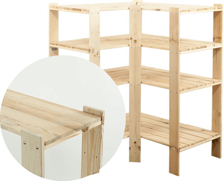 Wamar-Sosenka MAXI Regał Narożny Drewniany 115x85x50 cm 4 Półki pełne Surowy Drewno sosnowe Naturalny MAXI-3WP+ / Wamar-Sosenka