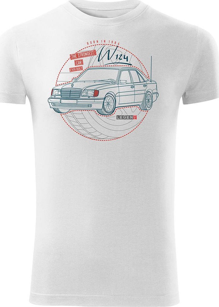 Topslang Koszulka motoryzacyjna z samochodem Mercedes E W124 męska biała SLIM L