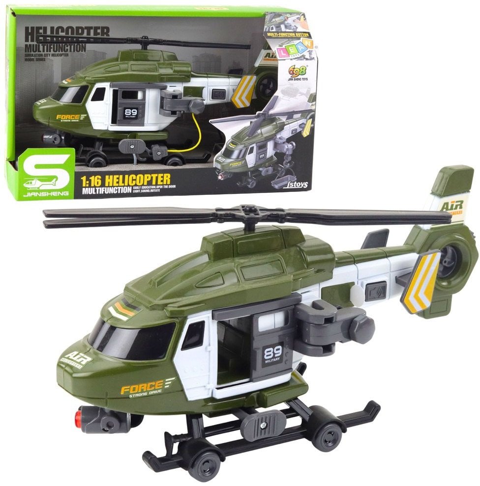 Helikopter Wojskowy Militarny Hak Nosze Światła Dźwięki Khaki 1:16 LEAN Toys