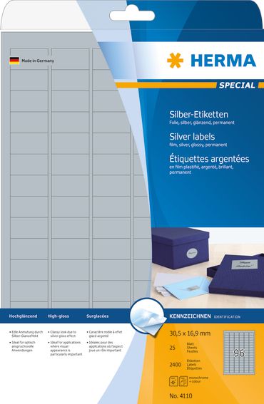 Herma Etykiety foliowe 4110, A4, 30.5 x 16.9 mm, folia srebrna błyszcząca, 2400 szt (4110)