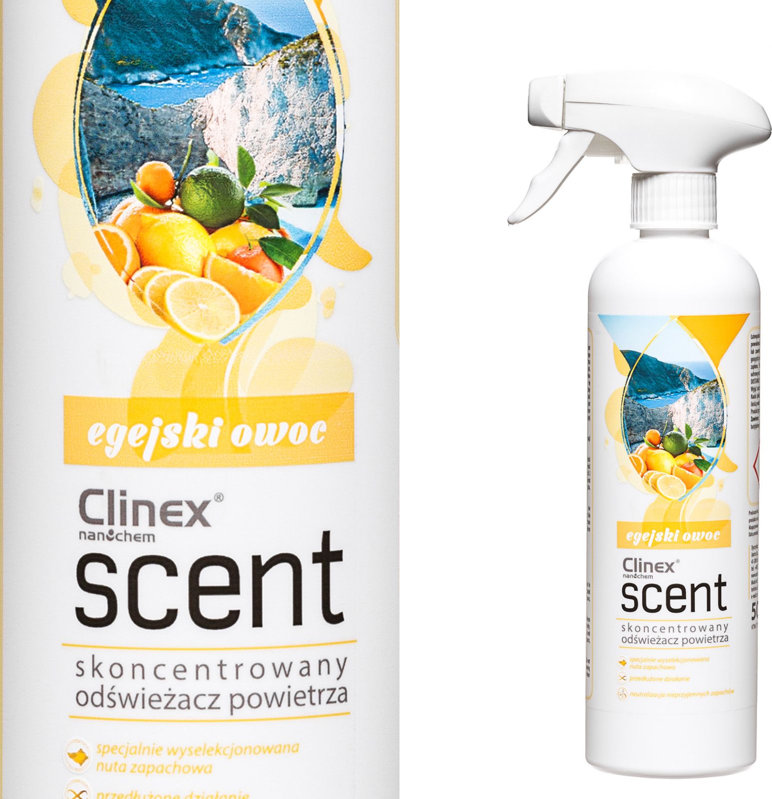Clinex Skoncentrowany odświeżacz powietrza rozpylany na powierzchnie CLINEX Scent - Egejski Owoc 500ML Skoncentrowany odświeżacz powietrza rozpylany n