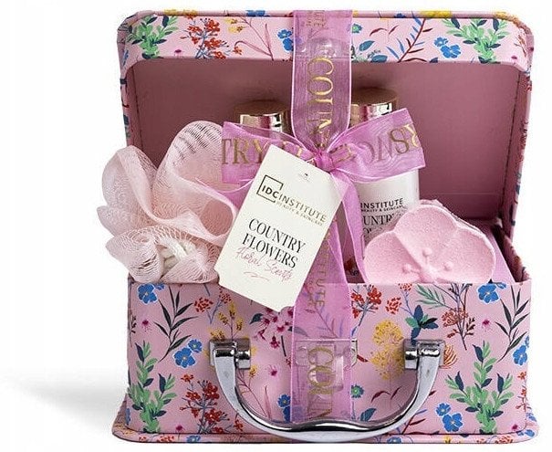 Rinkinys IDC Institute Country flowers: dušo želė, 100 ml + kūno losjonas, 100 ml + vonios kamuoliukas, 60 g + plaušinė