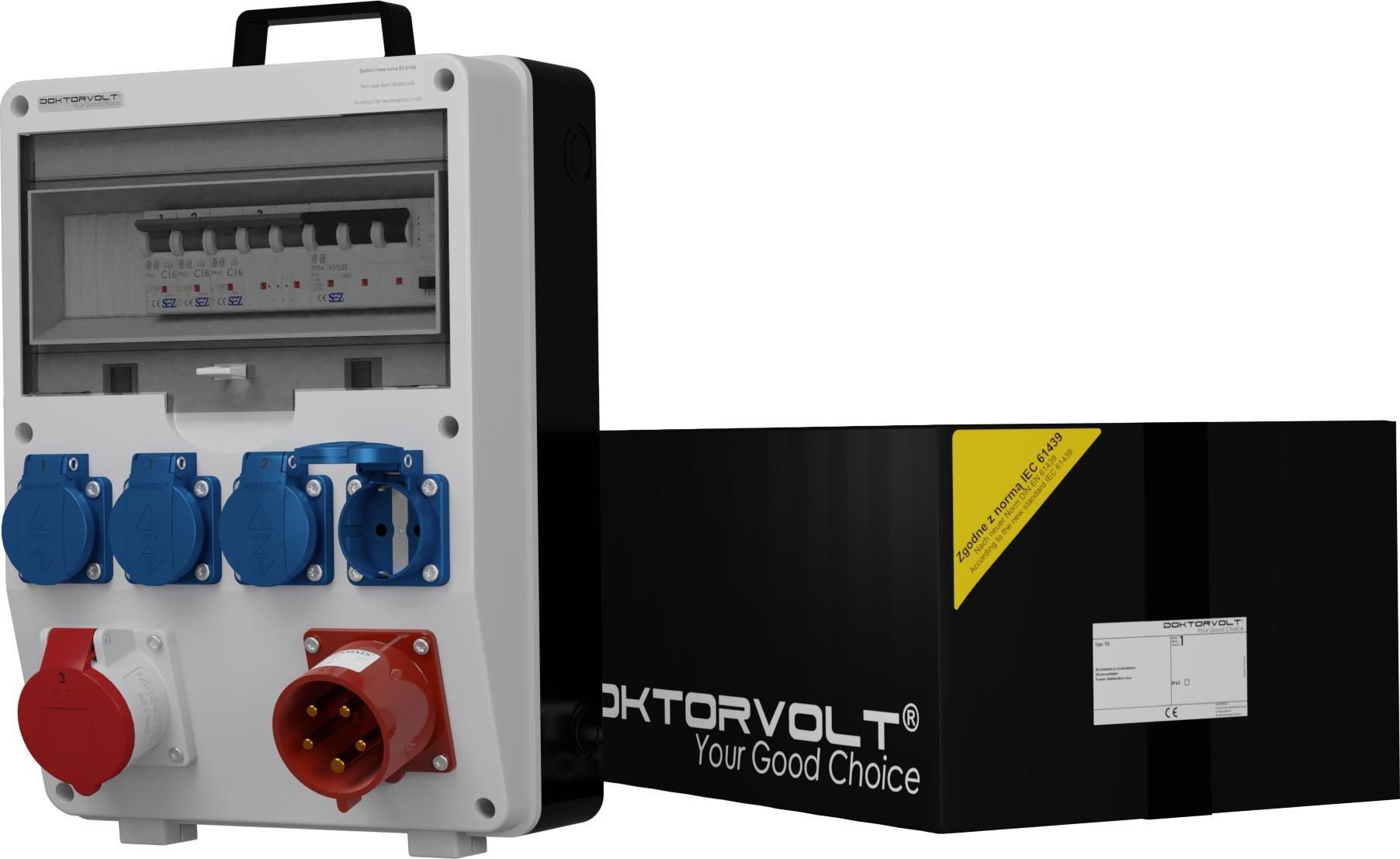 Doktorvolt Rozdzielnica budowlana z uchwytem i wtyczką odbiornikow 32A TD-S/FI 16A 4x230V Schuko Doktorvolt