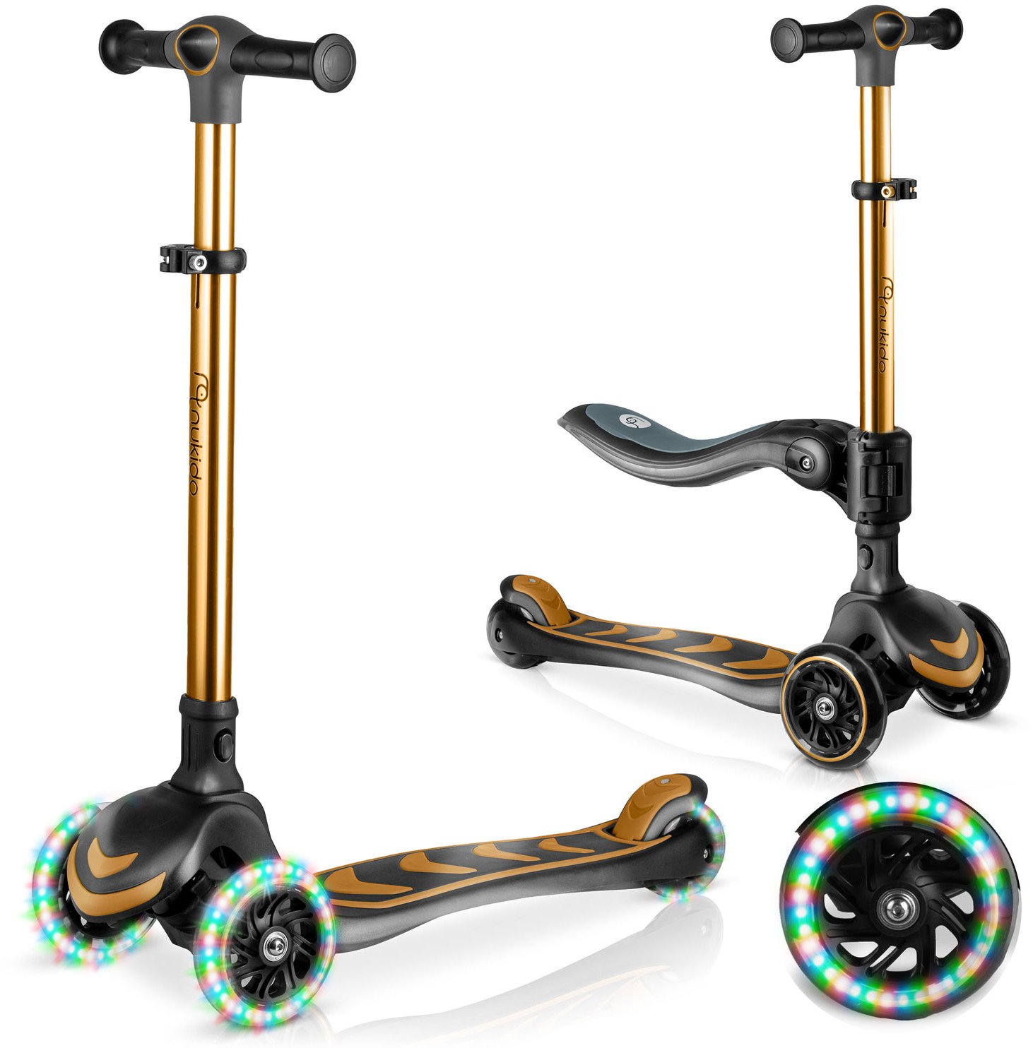 Hulajnoga trójkołowa dla dzieci balansowa siedzisko Nukido Flippo - złota