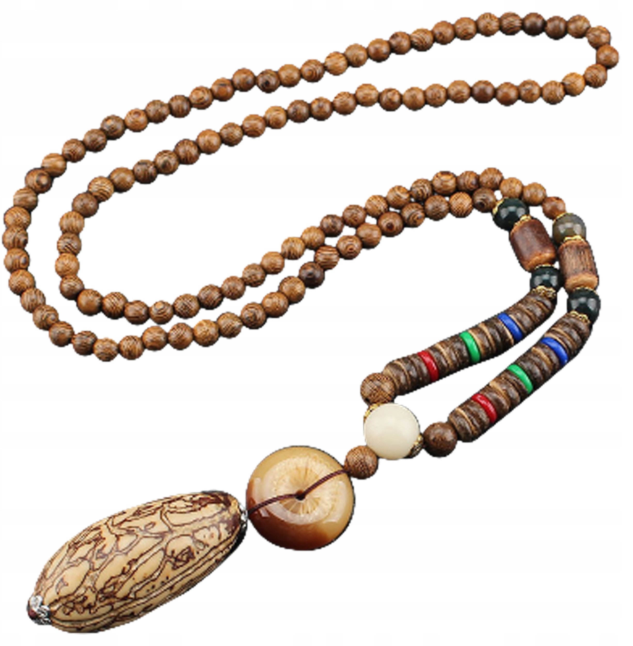 Naszyjnik Drewniany NEPAL BUDDYJSKI MALA Tybetański Amulet RĘCZNIE WYKONANY