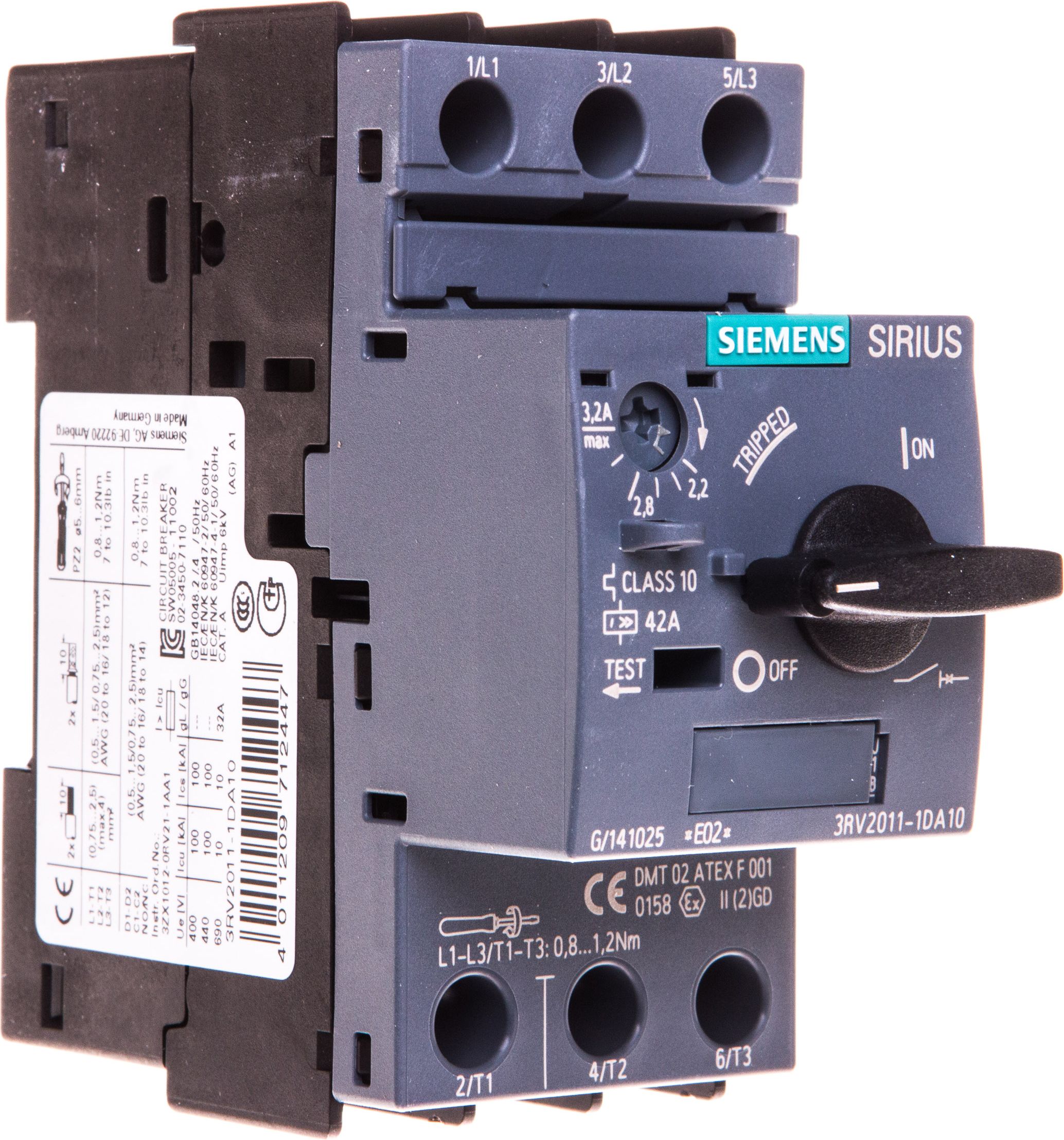 Siemens Wyłącznik silnikowy 3P 1,1kW 2,2-3,2A S00 (3RV2011-1DA10)