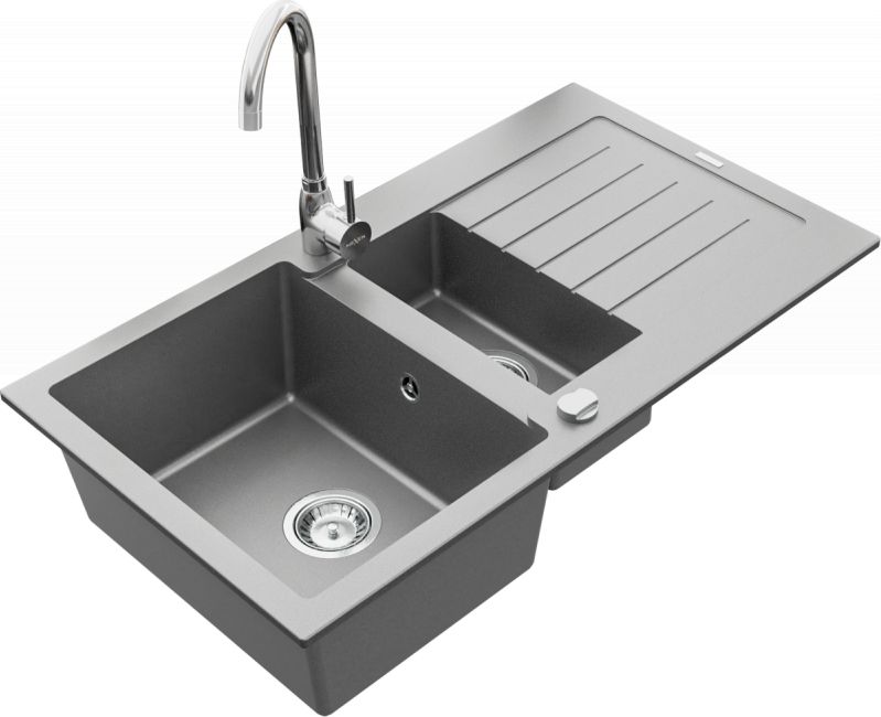 Zlewozmywak Mexen Mexen Matias granitowy 1,5-komorowy z ociekaczem i baterią kuchenną Telma, szary - 6502-71-670200-00