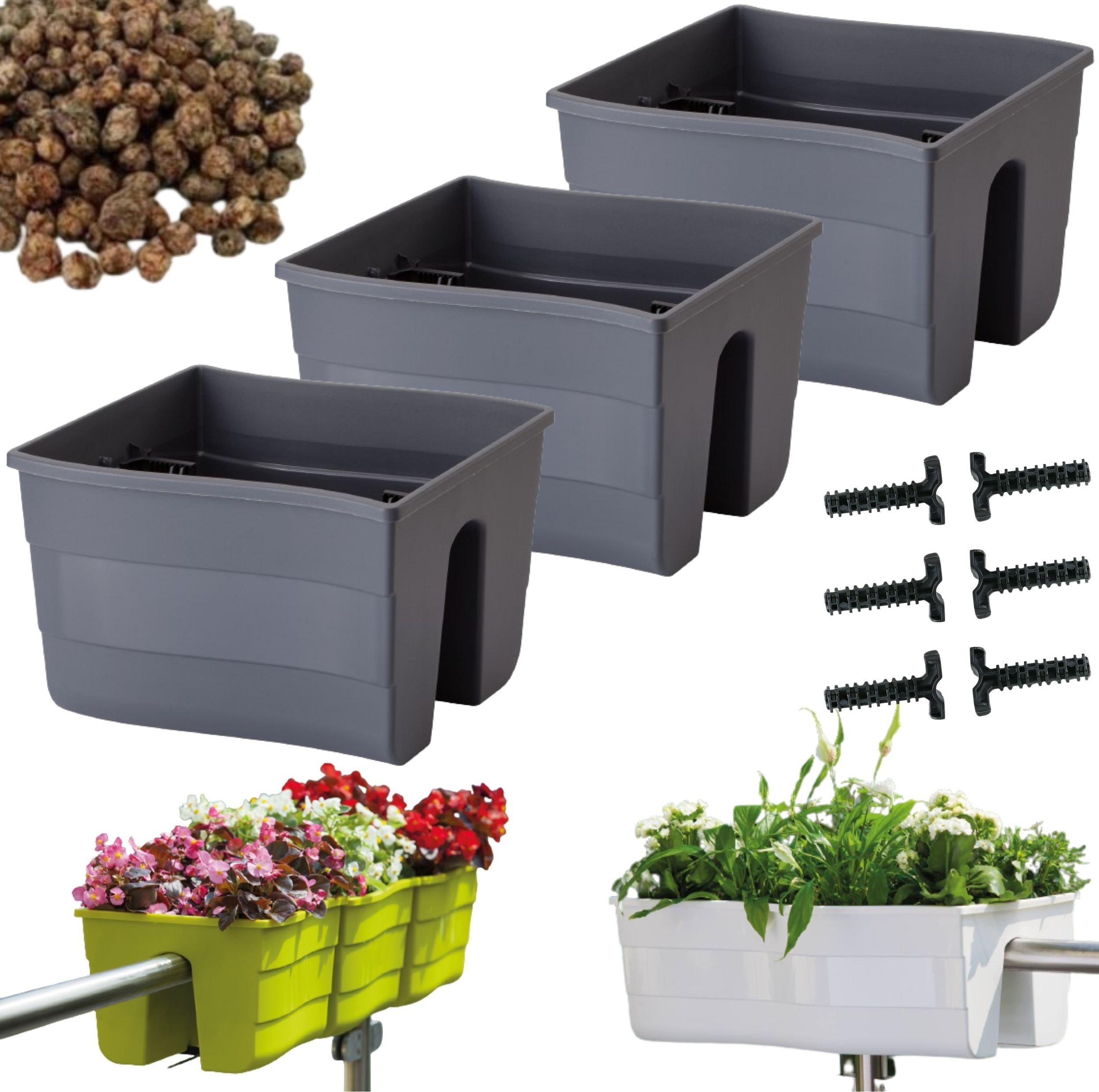 Form-Plastic 3x Skrzynka na balustradę Wave 30, Doniczka balkonowa + keramzyt 5l