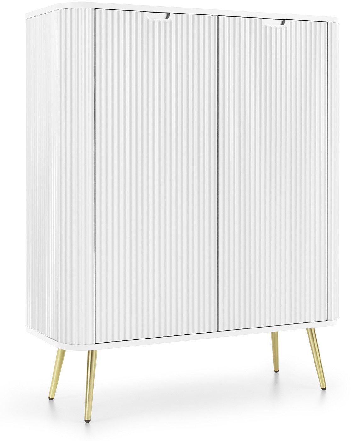 Wysoka komoda Porto dwudrzwiowa biała z ryflami zaokrąglona + złote nogi