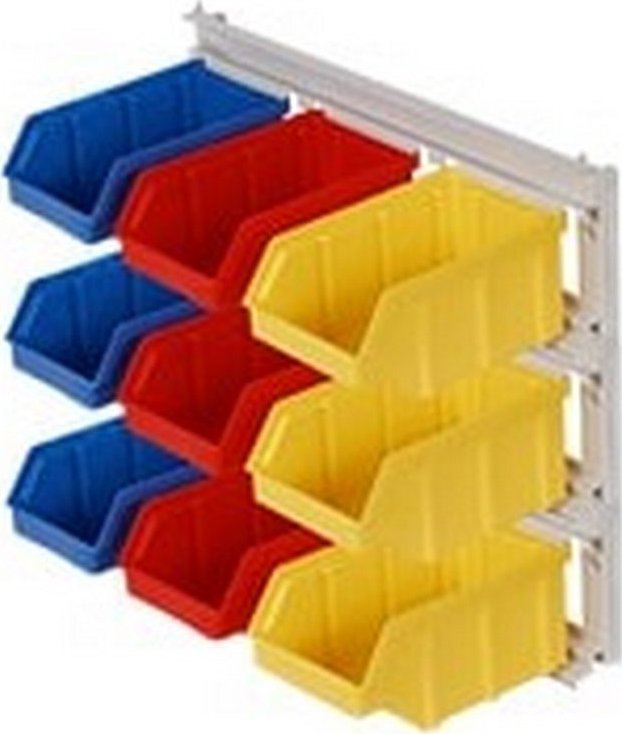 qBox Wieszak do zawieszania pojemników warsztatowych, wym. wieszaka 326 x 263 mm - 9 pojemników (Pojemniki z pojemnikami)