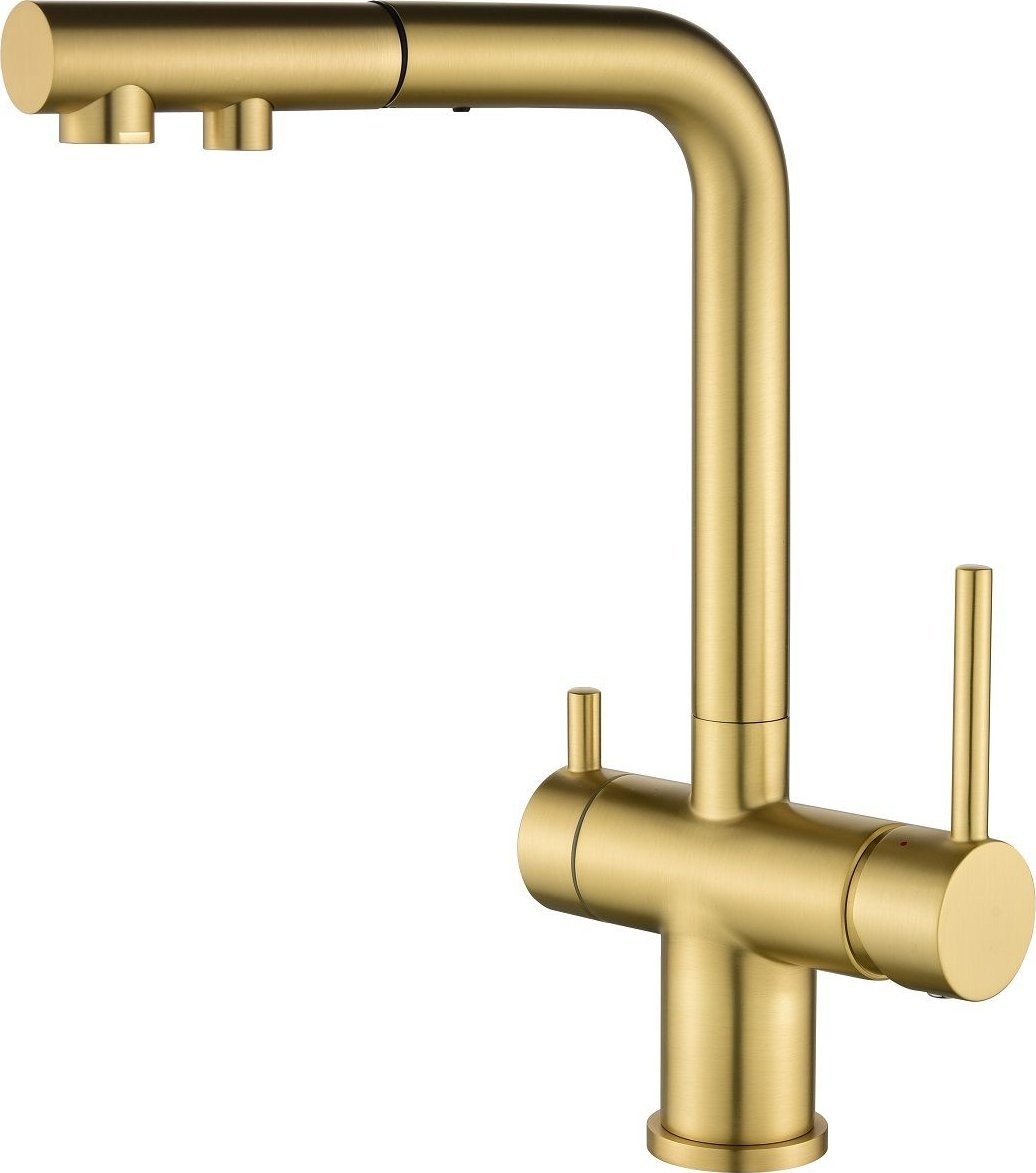 Bateria kuchenna Aquasanita Helika 2683-G Złota bateria z wyciąganą wylewką i podłączeniem do filtra