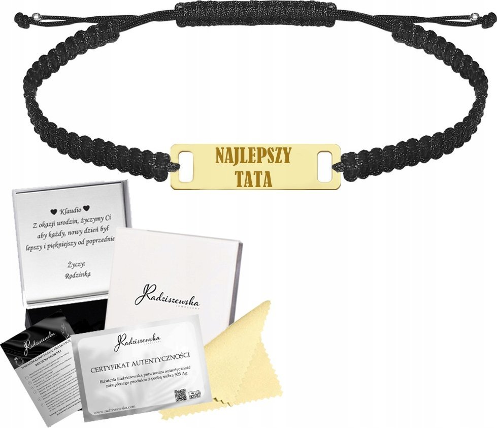 Radziszewska Jewellery Złota Bransoleta Najlepszy Tata Blaszka z Grawerem 925 Sznurek Prezent
