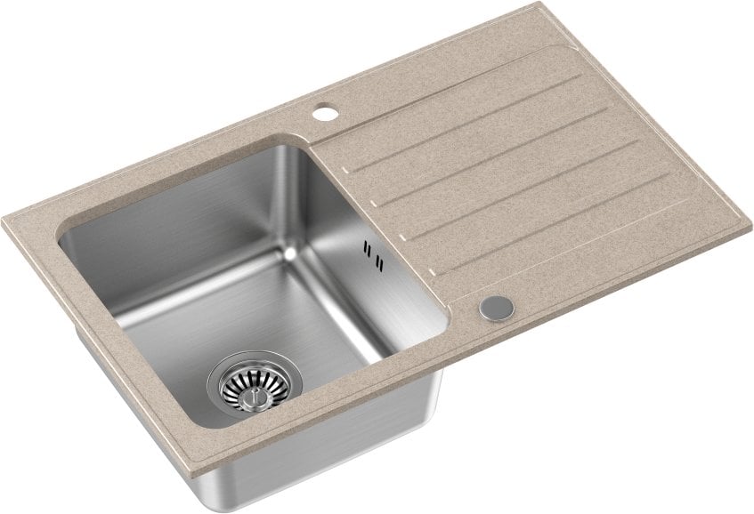 KENNETH 111 Fusion GraniteQ river sand (beżowy) z komorą stalową (780x480x195) z syfonem manualnym i zaślepką+wkładka ociekowa+zestaw noży Fiskars