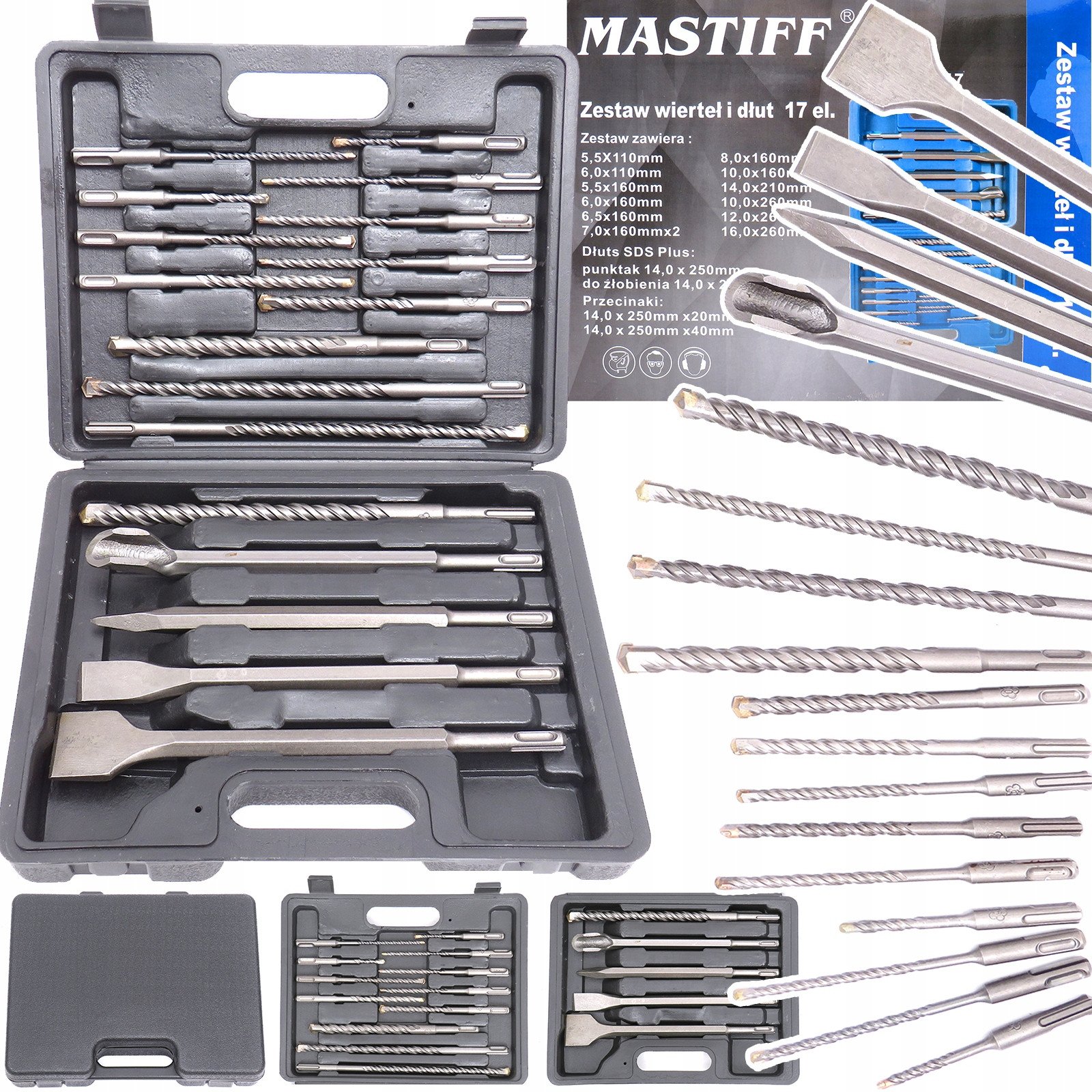 WIERTŁA I DŁUTA DO BETONU 17 EL SDS PLUS WIERTŁO ZESTAW WIERTEŁ I DŁUT