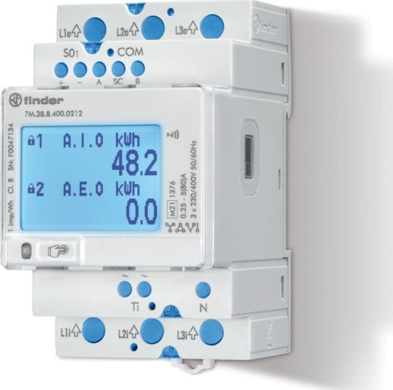 Finder Dwukierunkowy trójfazowy licznik energii MID 80A Modbus RS485 NFC Wielofunkcyjny 7M.38.8.400.0212