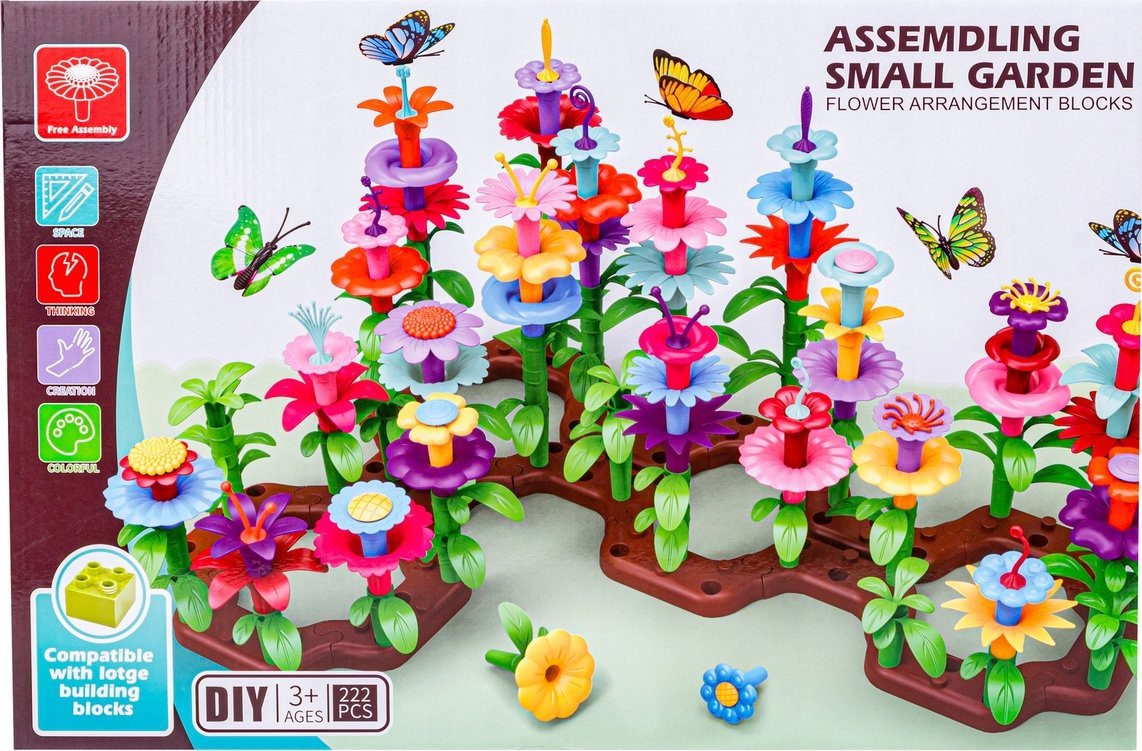Klocki Konstrukcyjne 222 elementy, Zestaw Do Zbudowania Kwiatowej Kompozycji, Ogród + Kwiatki