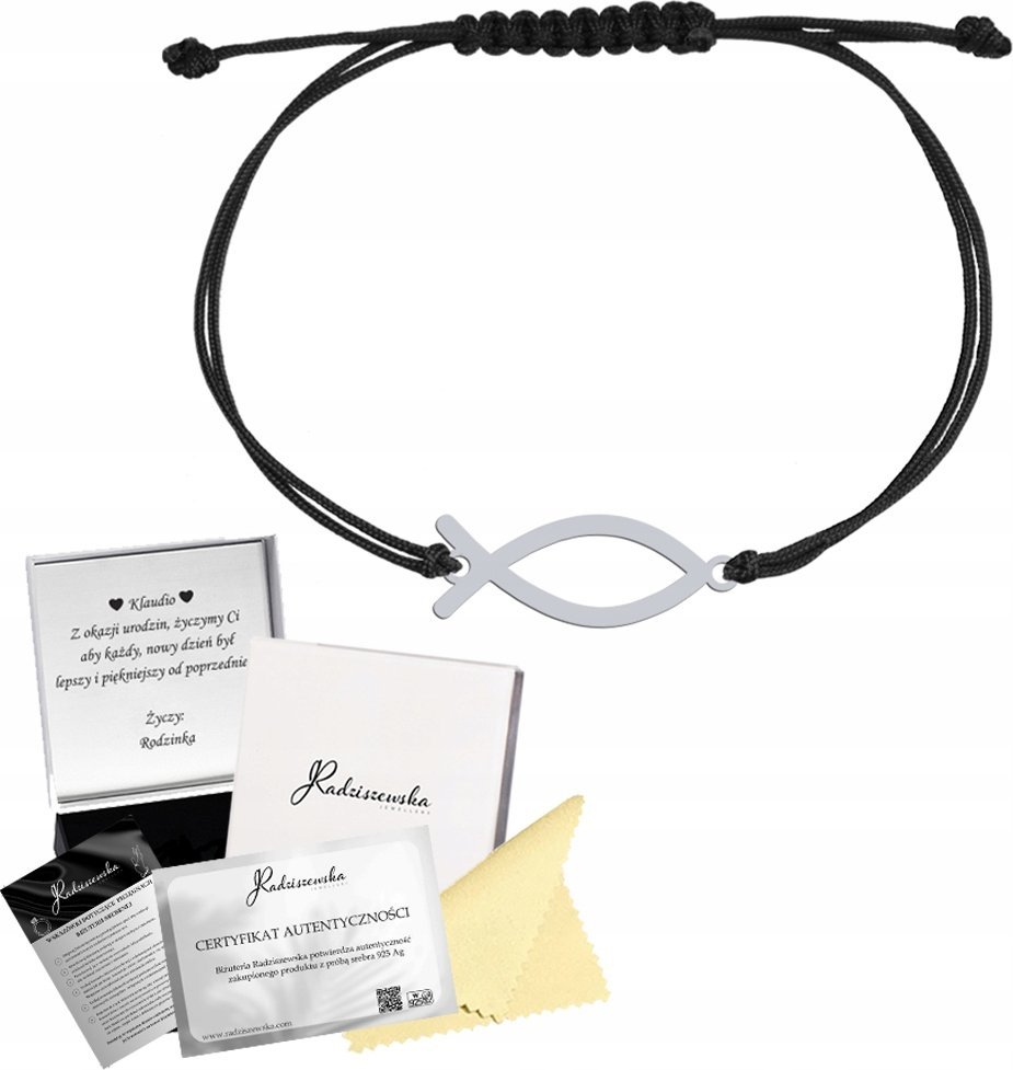 Radziszewska Jewellery Bransoletka RYBA ICHTYS Sznurek SREBRO 925 Prezent Kobieta DEDYKACJA GRATIS