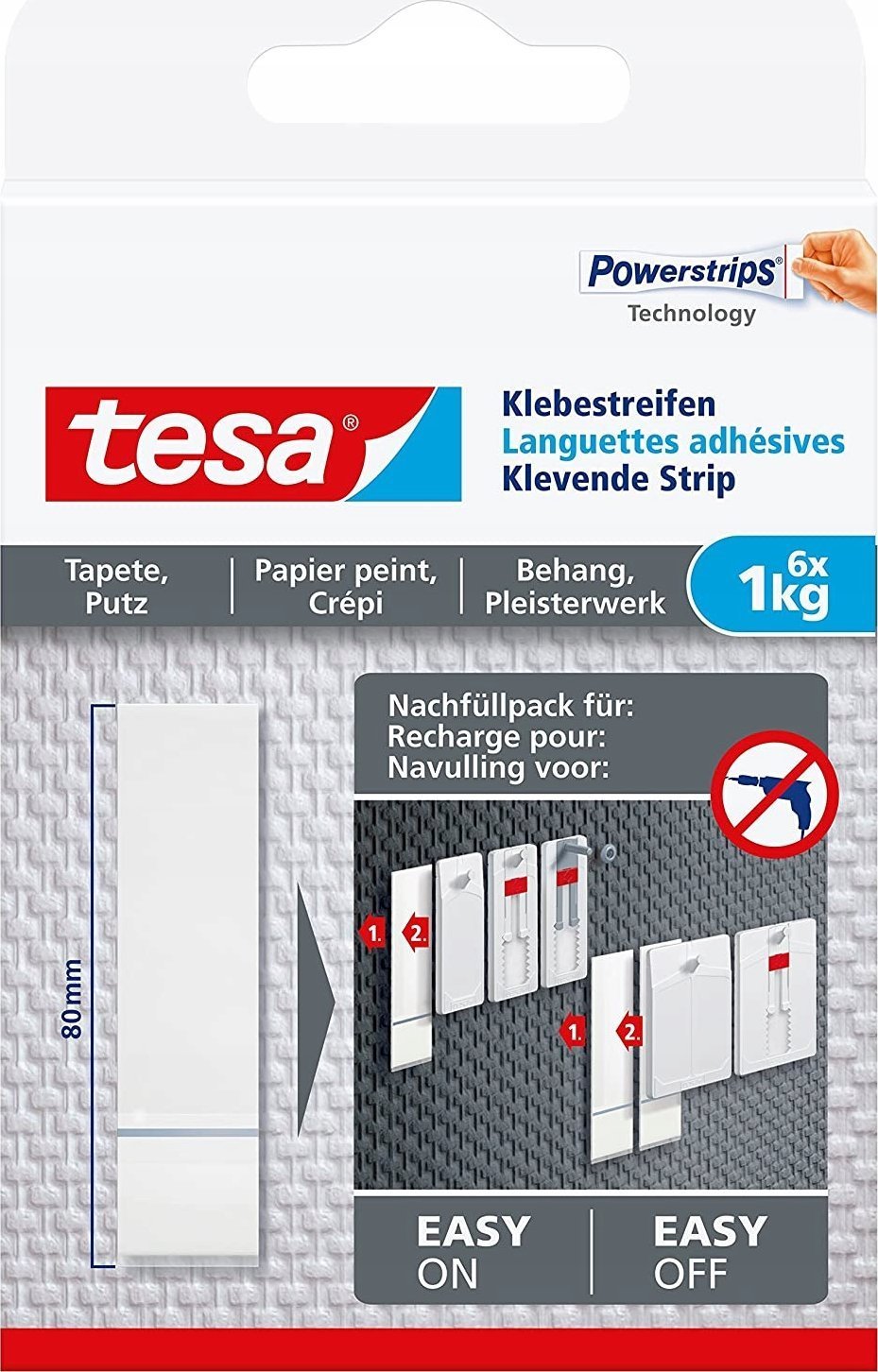 Tesa tesa adhesive stripes, 6pcs., for wallpaper and plaster, up to 1kg per stripe, white