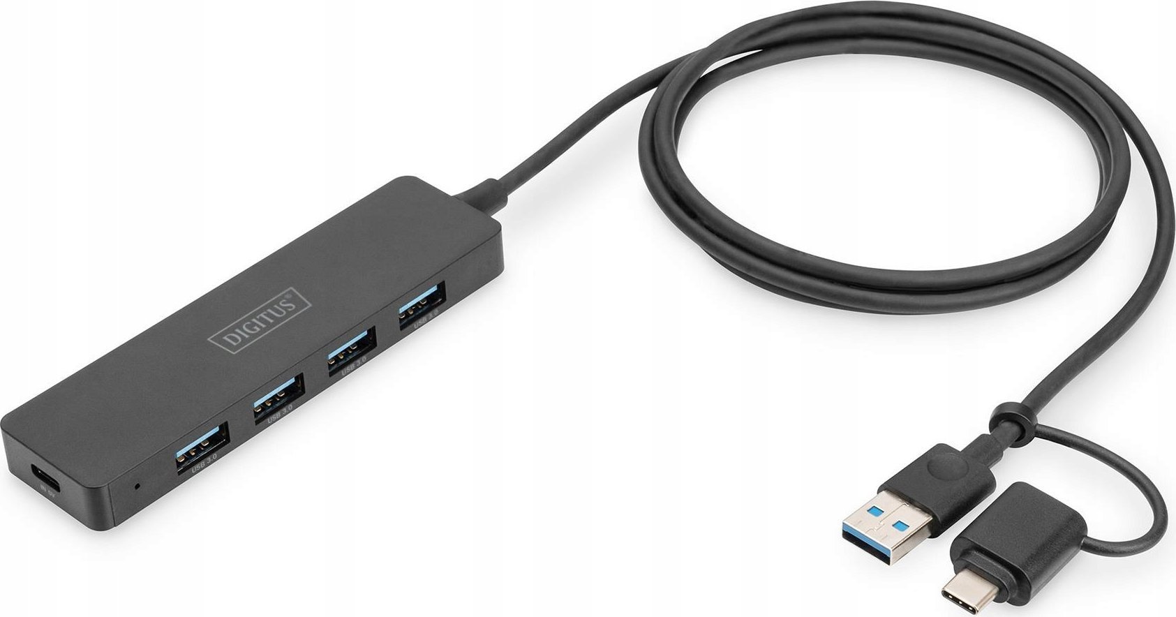 HUB USB Digitus Hub USB 3.0/Koncentrator DIGITUS 4-portowy SlimLine USB A + adapter USB-C 1,2m 5Gbps złącze zasilania USB-C