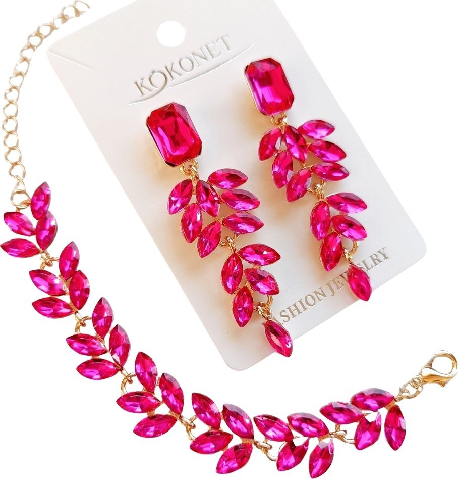 Zestaw kolczyki i bransoletka fuksja pozłacany elegancki prezent