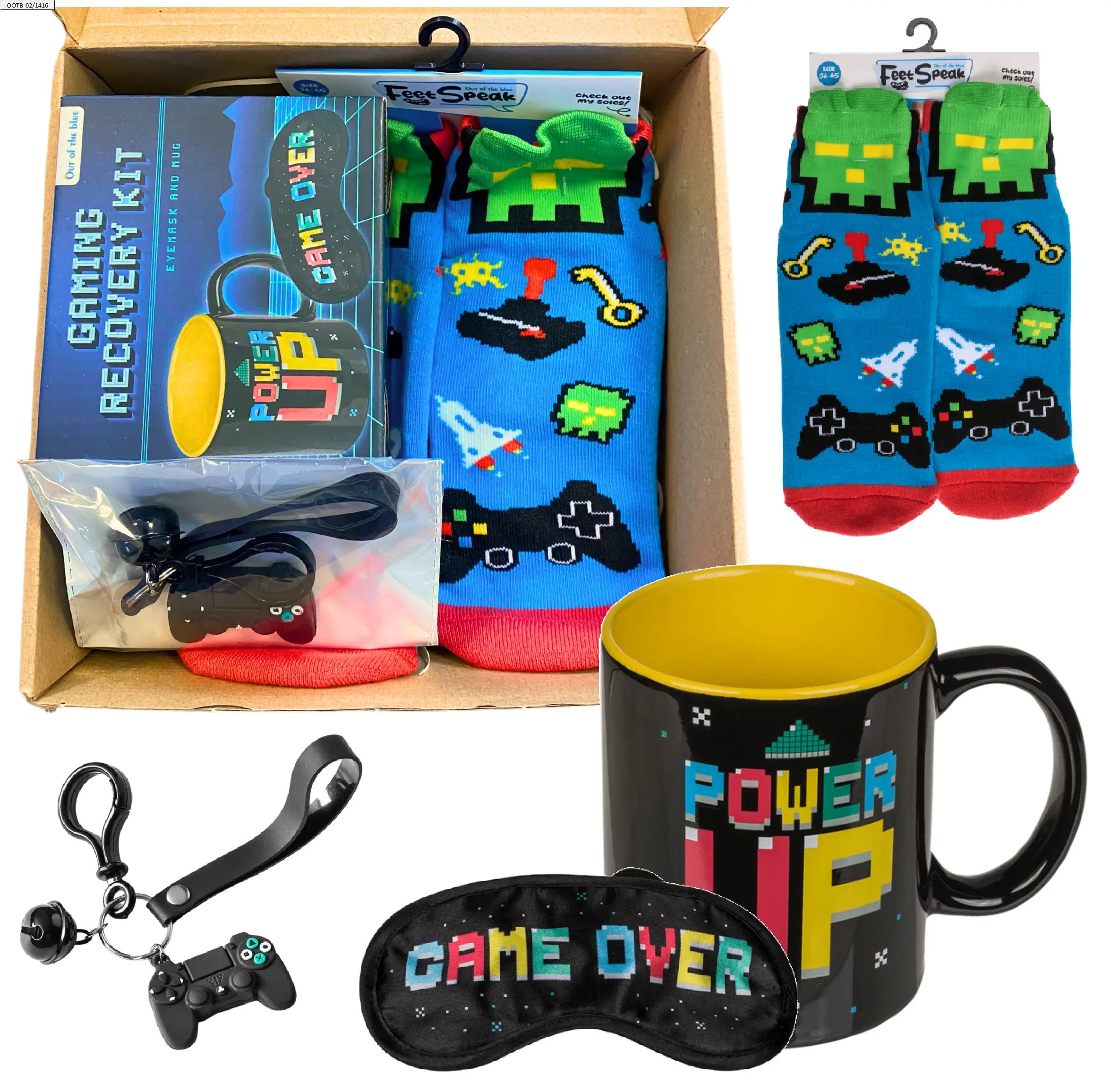 Zestaw dla Gracza - Kubek POWER UP + Opaska na Oczy + Skarpetki GAME OVER + Brelok