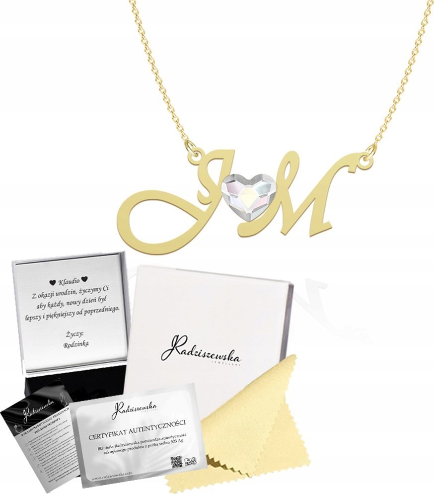 Radziszewska Jewellery Złoty Naszyjnik z Inicjałami SREBRO 925 Biżuteria PREZENT na Dzień Kobiet